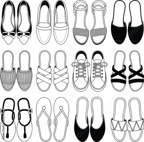 Black and white footwear icon set showing women shoes, sandals, slippers, sneakers and flip flops in outline style for fashion catalog and design projects.