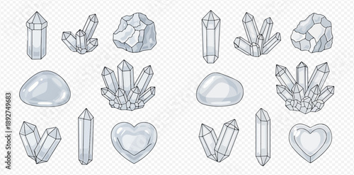 Set of clear quartz crystals and gemstones in various shapes and forms, including clusters, points, and tumbled stones, isolated on a transparent background.