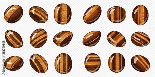Set of natural tiger eye stones in various shapes and angles, isolated on a transparent background.