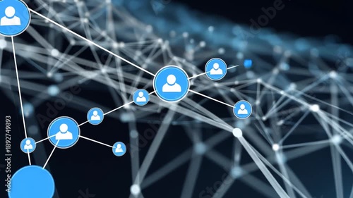 Complex network connections centered around a user icon in a digital landscape illustration