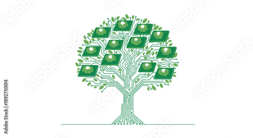 Circuit board tree with green microchips and leaves on white background symbolizing technology and nature