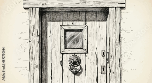 Wooden door has a small window and knocker.