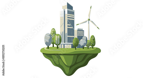 Eco friendly cityscape with wind turbine and skyscrapers on green floating island