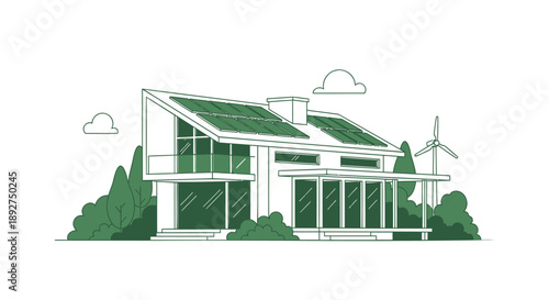 Modern eco friendly house with solar panels and wind turbine in a green landscape