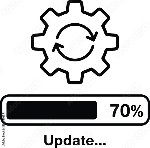 Software update progress bar icon with gear and refresh arrows showing 70 percent loading, system upgrade process, technology maintenance illustration for apps and websites.
