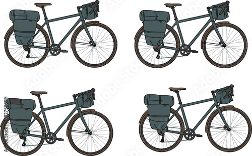 Set of touring bicycles with travel bags and bikepacking gear illustration, perfect for adventure cycling, outdoor transport concepts, road trip and trekking design.