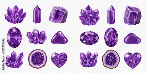 Set of various purple amethyst crystals, gemstones, and geodes on a transparent background, illustrating natural mineral formations and polished jewels.