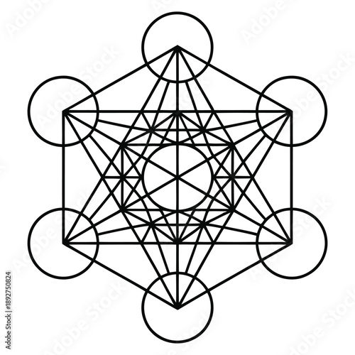Sacred geometry symbol metatrons cube design showing complex interconnected shapes within hexagonal structure useful for mystical or spiritual representation