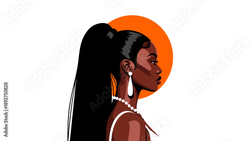 Vector illustration of a stylish woman with a high ponytail, adorned with pearl necklace and earrings, against a vibrant orange sun graphic
