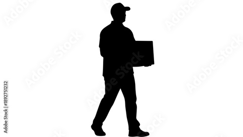 Delivery Man Silhouette Carrying Box | Courier Service Worker Walking with Package Vector Isolated on White Background | Logistics and Shipping