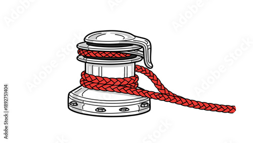 Nautical winch with red rope in detailed hand-drawn style