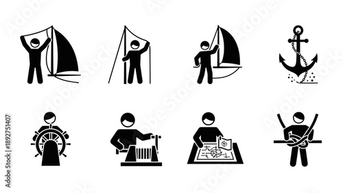 Nautical activities and equipment in minimalist silhouette icons