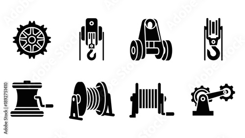 Set of 8 black silhouette winch and pulley icons for engineering and mechanical design