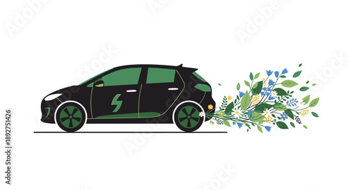 Eco friendly electric car with floral emission on white background