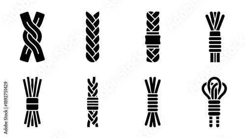 Set of braided and twisted rope knot icons in bold silhouette style