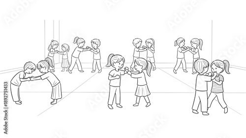 Children ballroom dancing in pairs: cute black and white line art of kids practicing dance together