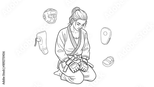 Woman in martial arts gear with protective equipment in detailed linear style