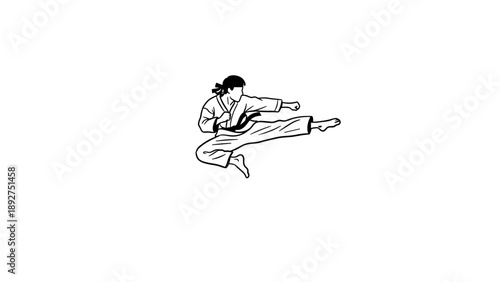 Dynamic martial artist in high kick pose with karate attire on white background