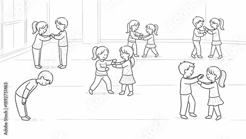 Children practicing dance in line art style with partners in a dance studio