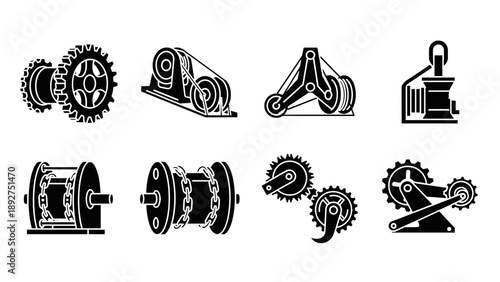 Industrial machinery icons set with gears and pulleys in silhouette style