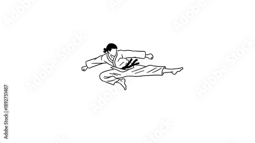 Karate martial artist performing dynamic jumping kick in black and white silhouette