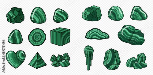 Set of malachite stones in various shapes and forms, natural mineral illustrations.