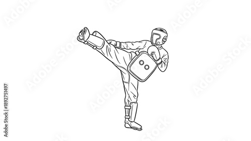 Martial artist kicking with protective gear in dynamic line art