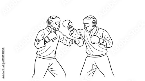 Boxing match line art: two fighters sparring with protective gear