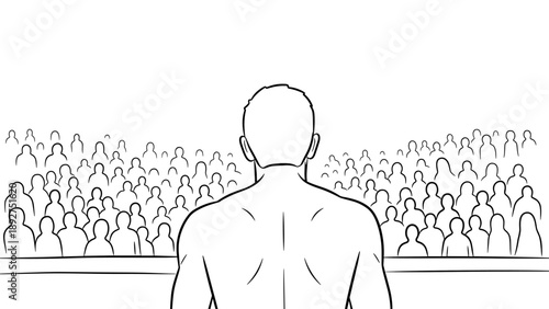 Back view of a speaker addressing a crowd in minimalist line art design