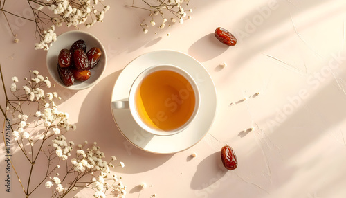 Cup of tea with dates on a pastel background surrounded by flowers.