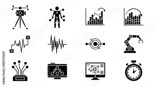 Black silhouette icons of technology and data analysis tools on white background