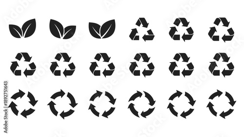 Eco-Friendly Icons: A visual collection of recycling symbols and leaf icons, representing environmental sustainability, recycling, and the concept of eco-friendliness, all presented in a sleek.
