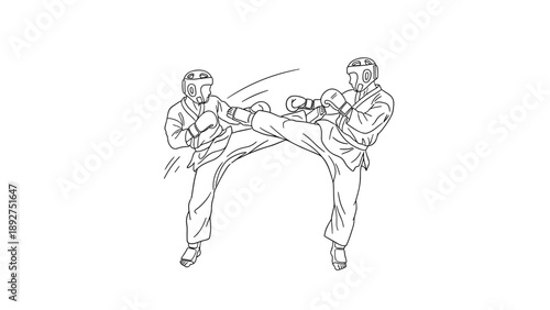 Martial arts sparring match featuring fighters in protective gear and dynamic kicks
