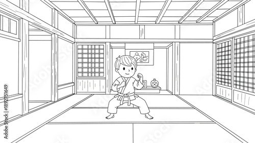 Boy practicing karate in traditional japanese dojo line art