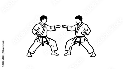 Karate training sparring match in traditional uniforms