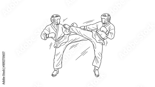 Karate sparring match in black and white line art style