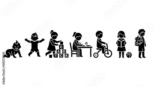 Silhouette icons depicting growth from infant to student with school bag