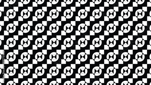 abstract black and white geometric seamless pattern featuring repeating shapes