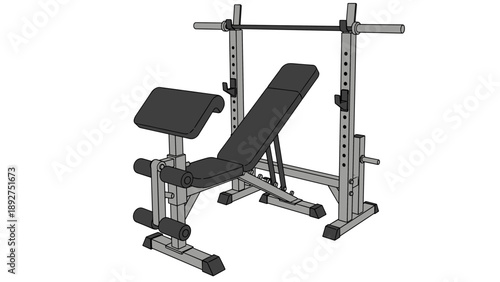 Adjustable weightlifting bench and squat rack in black and white outline style