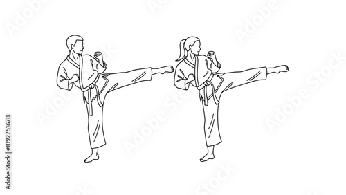 Line art martial arts kick: karate practice illustration for training guides