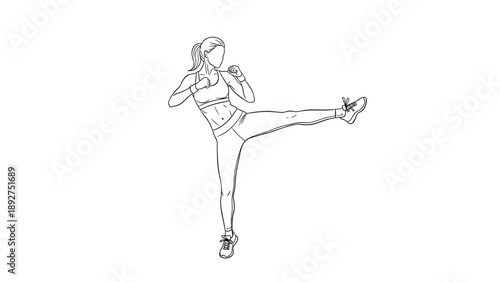 Dynamic line art of female kickboxer in action pose for fitness designs