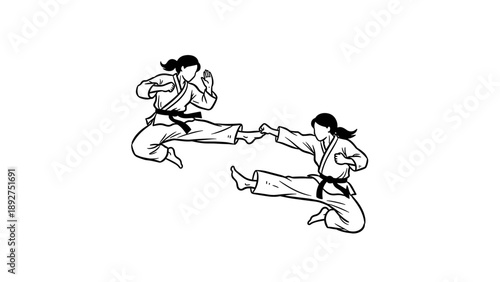 Dynamic martial arts sparring with two karate fighters in action