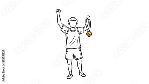 Champion celebrating victory with medal: line art of a winner in sports attire