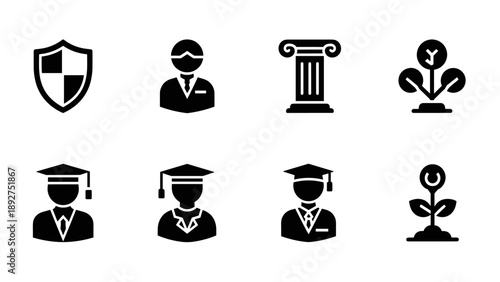 Minimalist black icons set featuring education, growth, and professional symbols