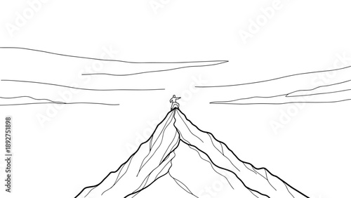 Minimalist mountain climber on peak with clouds in simple line art