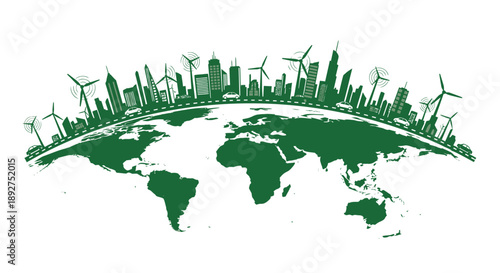 Green earth with city skyline and wind turbines eco friendly global concept