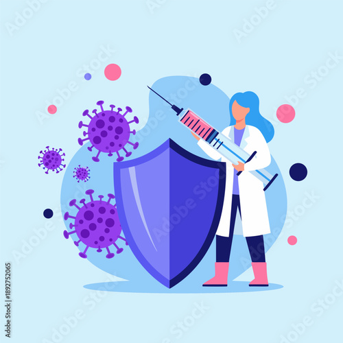 Medical vector illustration of a healthcare professional with a syringe defending against virus particles with a shield