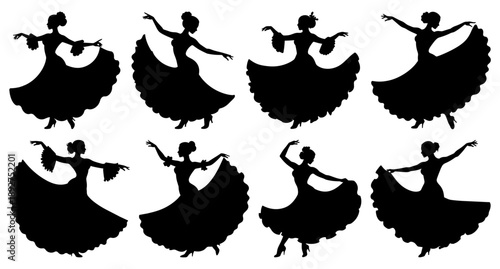Traditional Dancer Silhouettes with Ruffle Dresses Collection, Transparent Background