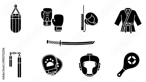 Martial arts equipment icons: karate, boxing, training gear in sleek silhouette style
