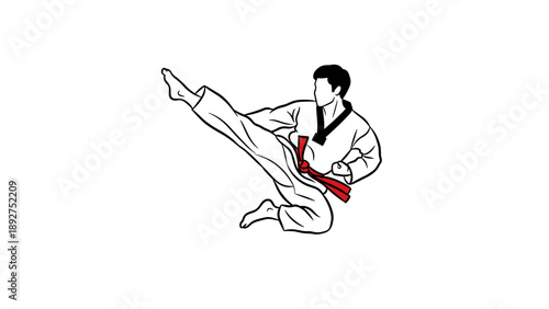 Black belt karate fighter performing high kick in dynamic pose